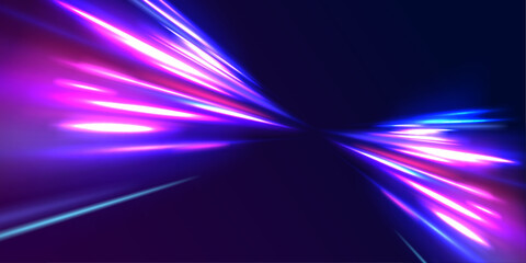 Acceleration speed motion on night road. Magic moving fast speed police lines. Blurred car light motion effect, city road background with long exposure night lights.