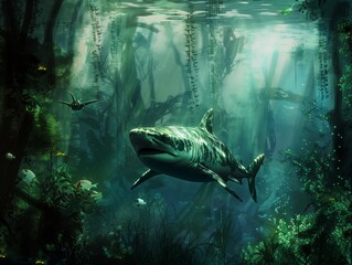 Fototapeta premium A majestic shark swimming gracefully in the depths of an underwater forest, surrounded by various sea creatures. 