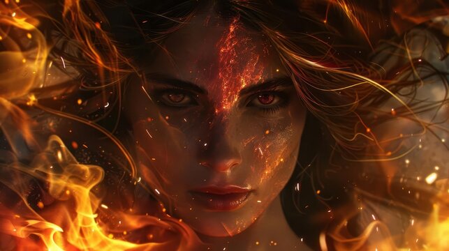 fierce woman embodying the raw power of an allconsuming inferno dramatic digital fantasy portrait