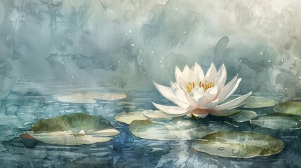 A watercolor painting of a white water lily in a pond surrounded by lily pads. The background is a soft blue-green color with a few sparkles of light. The water lily is in the foreground and is surrou