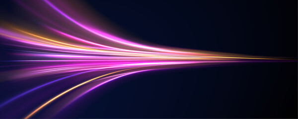 Acceleration speed motion on night road. Magic moving fast speed police lines. Blurred car light motion effect, city road background with long exposure night lights.