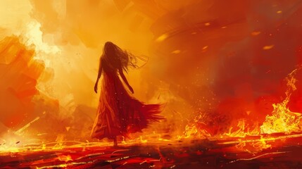 fiery woman walking through flames formidable and resilient digital painting