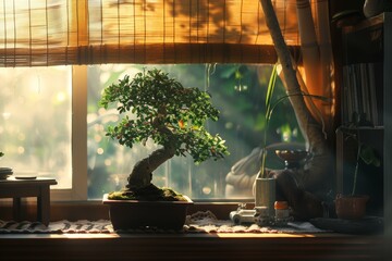Peaceful bonsai tree basking in the warm sunlight by a window, evoking tranquility