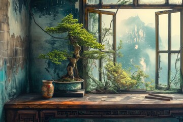 Tranquil scene of a bonsai tree on a windowsill with a scenic mountain backdrop