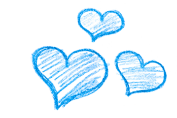 A set of blue hearts drawn in pencil on transparent background.