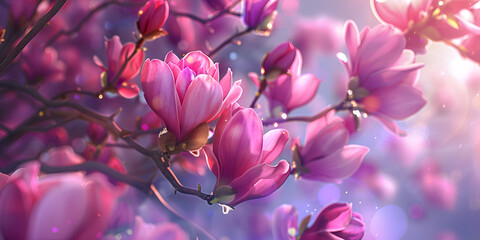    Pink and purple magnolia flower hangs in the air , Pink flowers on branch with blue sky with sun...