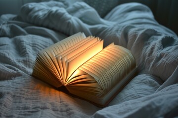 Open book with luminous pages on a cozy bed, inviting magical nighttime reading