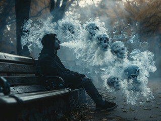 A man sitting alone on a park path, smoking a cigarette as the smoke drifts and forms multiple small skulls around him, depicting the harmful effectsclose-up