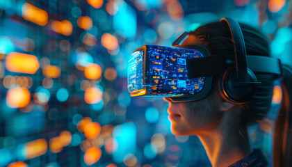 Bring to life the fusion of Financial Trends and Virtual Reality in a side view featuring interactive elements Experiment with dramatic camera angles to convey innovation and compl