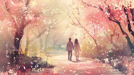 Romantic Stroll in a Blossoming Orchard A Tender of a Cherry Blossomfilled Path for Two Generative ai