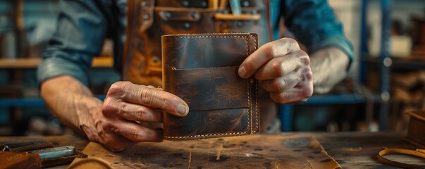 Skilled Leather Artisan Meticulously Crafting a Unique and Custom Wallet with Intricate Embossing and Dyeing Techniques