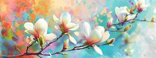 Painting of blooming cherry  flowers and branches with leaves on a colorful background,