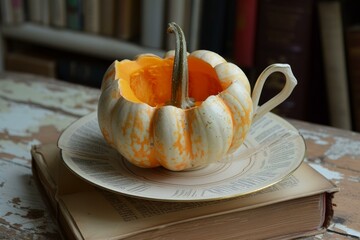 Creative autumn-themed display with a carved pumpkin teacup atop classic books