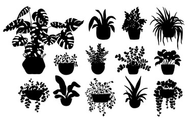 Silhouette plant pot set. Garden indoor black home plant, flowerpots. Monstera, succulent houseplants for interior office decor vector illustration