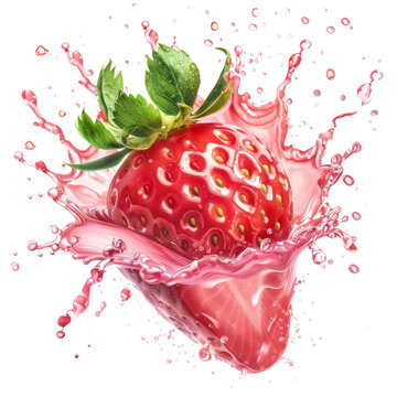 Strawberry with juice splash isolated on transparent background. fruits, graphic resource, and PNG file. 