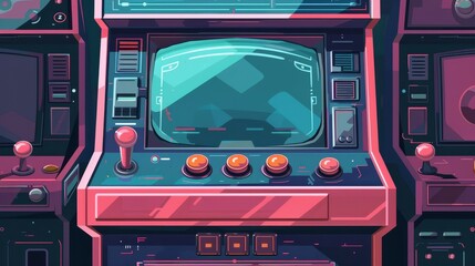 Gamer interface with text element flyer design set. Retro arcade video game screen machine background. Vintage 80s computer console poster template. Isolated graphic image.