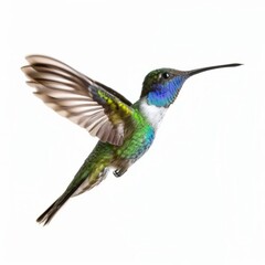 Obraz premium A colorful hummingbird gracefully flies against a white background