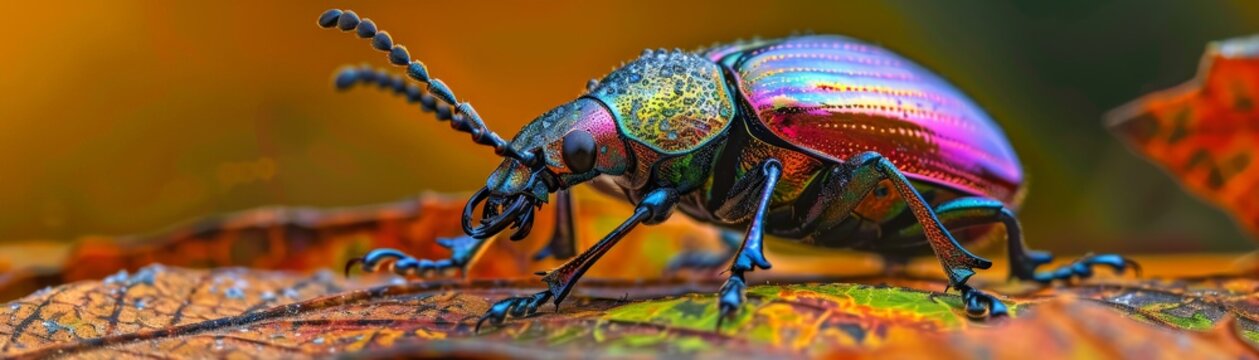 A beautiful and iridescent beetle with a shiny, metallic purple exoskeleton.