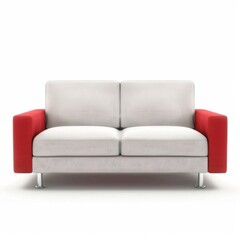 Stylish white sofa adorned with red and grey cushions on a clean white background
