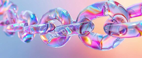 Glass Chain Of Iridescent Links, 3D Render Border With Connected Crystal Rings, 3D Rendering