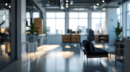 Blurred office interior space background Blurred interior of modern office workplace a workspace design without partition decorate with black white and wooden furniture : Generative AI