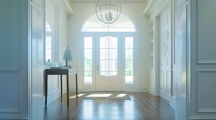 Fototapeta premium An open large and wide interior front door hallway foyer with transom hanging light fixture coastal colors and entry way table and wood floors : Generative AI