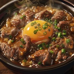 A delicious and nutritious dish of beef and rice, topped with a raw egg.