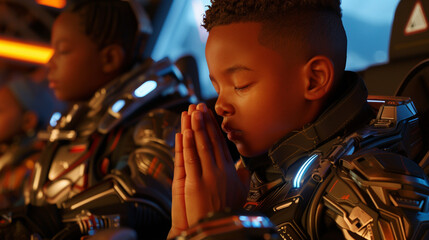Two black children wearing orange and blue space suits with clear bubble helmets are praying with their eyes closed.