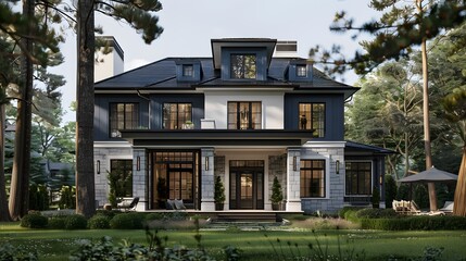 3D rendering of a luxury classic mansion exterior with a blue color and white details, trees in the front yard, front view,