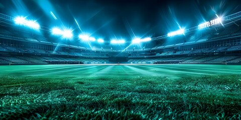 Outdoor baseball stadium with illuminated field empty stands and no players. Concept Sports Photography, Nighttime Scene, Stadium Lights, Empty Stands, Baseball Field