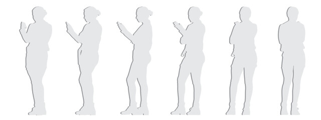 Vector conceptual gray paper cut silhouette of a young woman checking her phone from different perspectives isolated on white. A metaphor for communication, connection, leisure and lifestyle