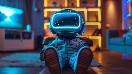Obraz premium 3D cartoon .Child wearing virtual reality glasses sits on modern computer chair in futuristic living room. 