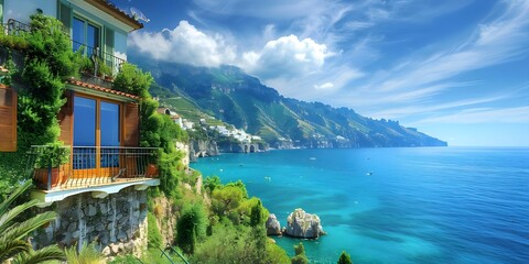 Luxurious villa on Amalfi Coast with stunning views of Mediterranean Sea. Concept Luxury Villa, Amalfi Coast, Mediterranean Views, Exclusive Property, High-End Accommodation