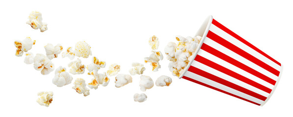 Delicious popcorn flying out of a red-white striped paper cup, cut out