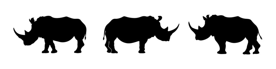 Vector silhouette of a rhino isolated on white background. Full editable eps file available. safari animal silhouette in black color