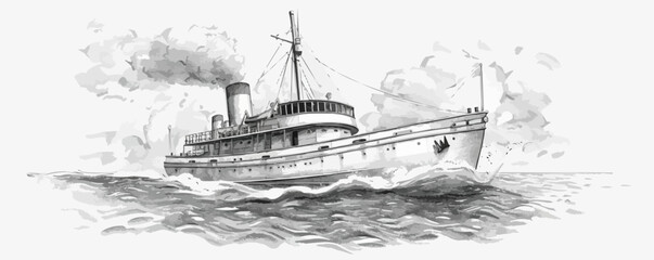 Retro steamship sketch hand drawn. vector simple illustration