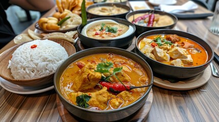 Traditional Thai curry buffet spread with various curry options like Massaman, Panang, and Red Curry, served with fragrant jasmine rice and crispy roti bread.