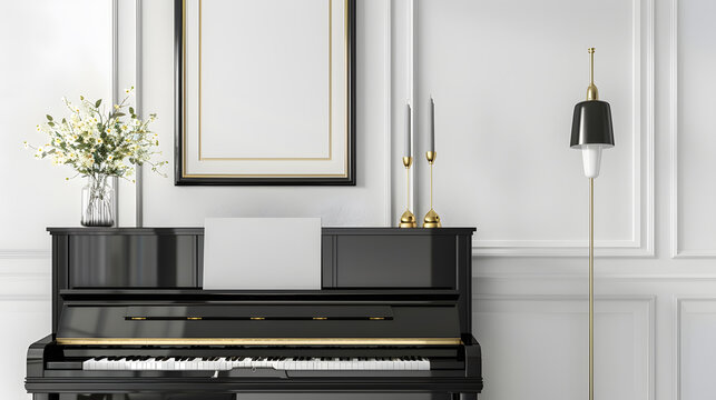 Elegant composition at living room interior with black piano gold mock up poster frame spring flowers decoration lamp and stylish presonal accessories in modern home decor : Generative AI