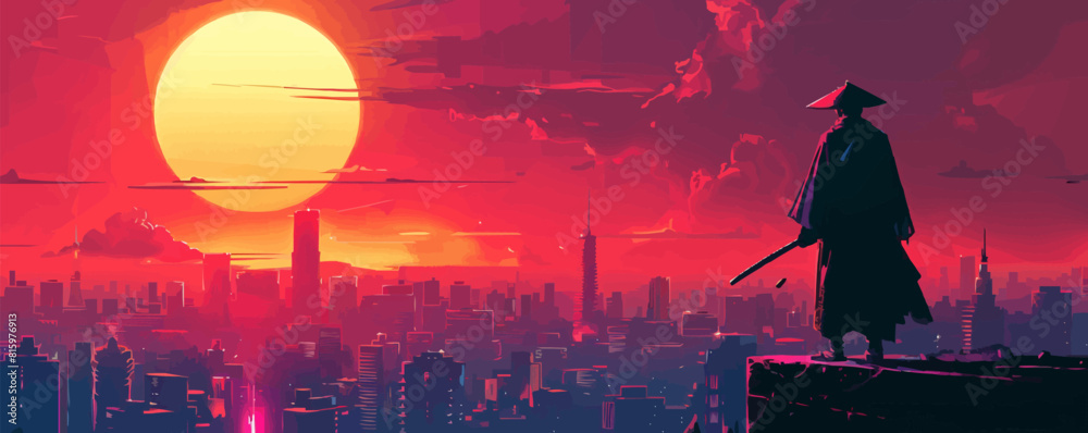 Wall mural futuristic samurai standing on a building in cyberpunk city. vector simple illustration