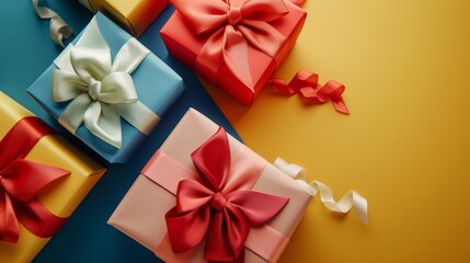 Gift boxes with ribbon neatly arrange on colorful background camera shot from above aerial view
