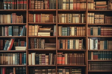 Warm and richly textured view of classic books in elegant wooden bookcases