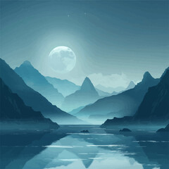 Mountains shrouded in mystical mists, glowing in the moonlight. Digital art style vector flat minimalistic isolated illustration.
