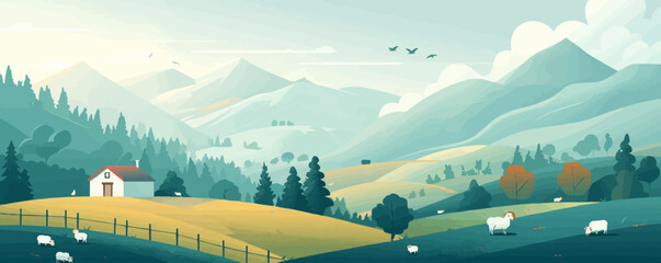 A peaceful countryside scene with rolling hills, grazing sheep, and a rustic farmhouse nestled among trees. Vector flat minimalistic isolated illustration