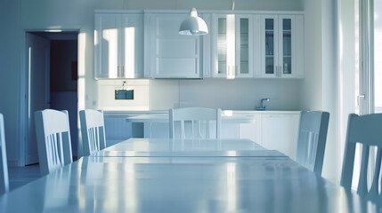 Interior of modern house with dining table and empty chairs arranged in front of kitchen counter against white doors : Generative AI