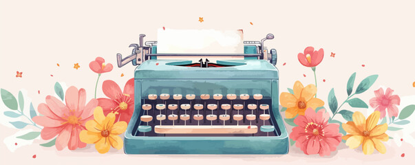 Retro typewriter machine with flowers. vector simple