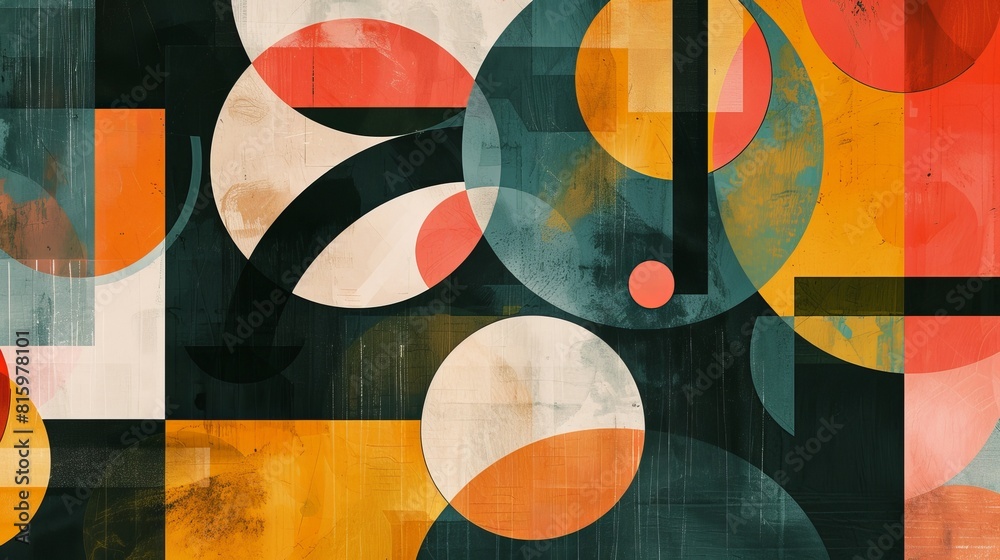 Canvas Prints An abstract digital artwork with a collage of geometric shapes, vibrant colors, and overlapping patterns