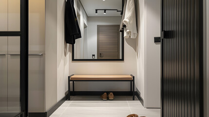 Minimalist hallway with modern interior design in contemporary apartment Comfortable shoe storage bench near black frame mirror on white wall Wooden coat hanger in hall with chest draw : Generative AI