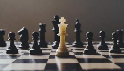 white king alone against black figures chess board