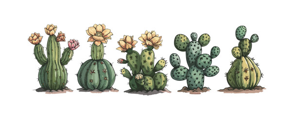 Set of cacti with flowers. Hand drawn illustration converted to vector