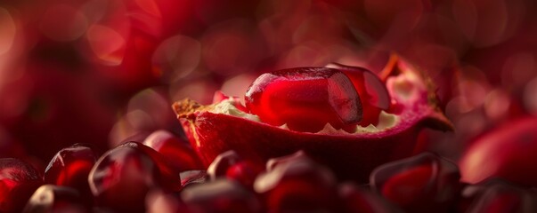 Close-up of a handful of red berries with a smooth blurred background in red tones.